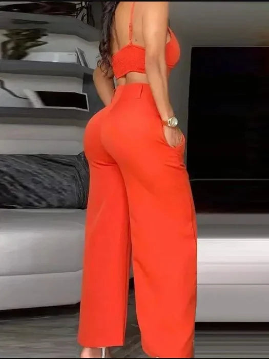 Spaghetti Strap V-Neck Crop Top & Wide Leg Pants Set