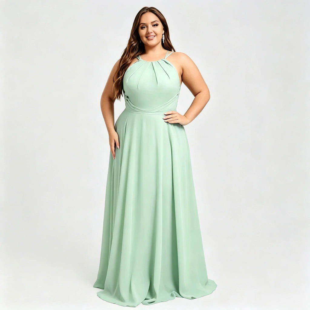 Los Mina Plus Size Halter Chiffon Bridesmaid Spaghetti Straps A Line Maxi Dress