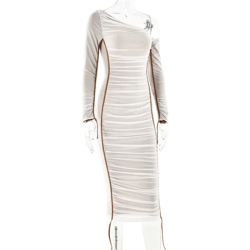 Dyker Heights Diagonal Collar Long Sleeve Mesh Backless Ruched Bodycon Midi Dress