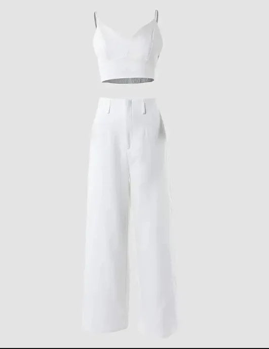 Spaghetti Strap V-Neck Crop Top & Wide Leg Pants Set