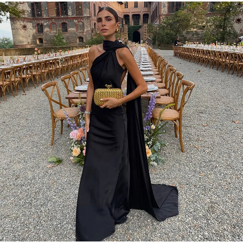 Califon Sexy Satin Ribbon Party Elegant Halter Backless Off Shoulder Sleeveless Maxi Dress