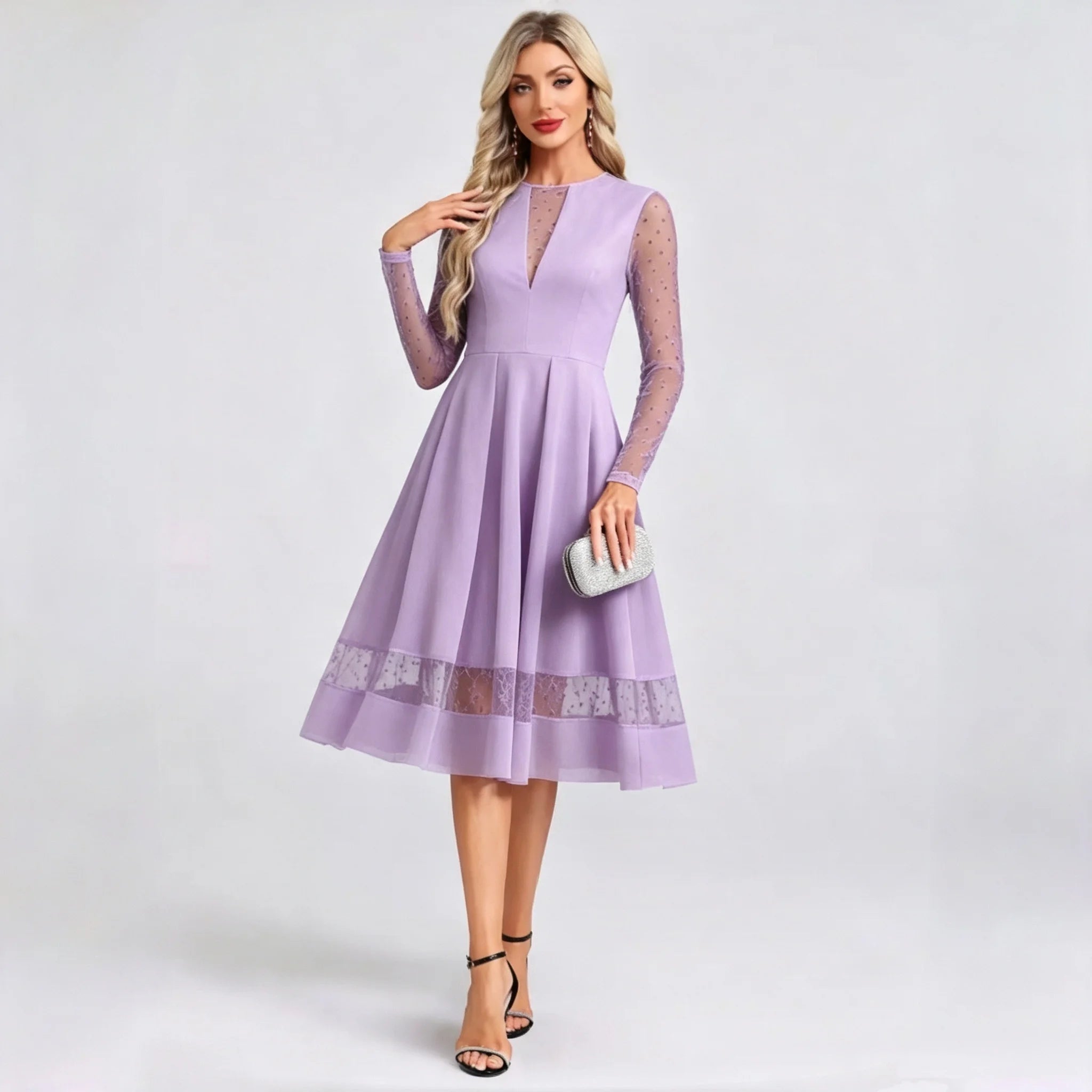 Benice Black Midi Cocktail Polka Dot Mesh Long Sleeve Illusion A‑Line Swing Dress