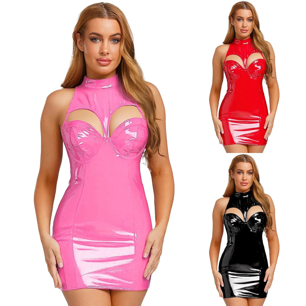 Amityville Wet Look PU Leather Mock Neck Sleeveless Hollow-out Bodycon Mini Dress