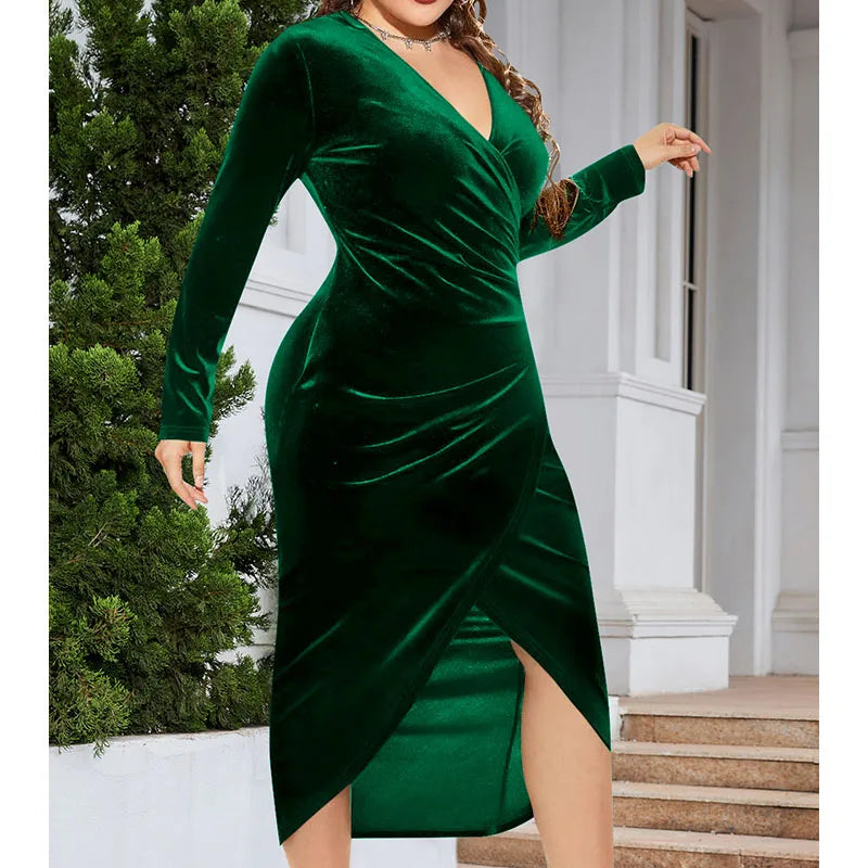Asbury Park Elegant Velvet Plus Size Bodycon Sexy Wrapped V-Neck Long Sleeve Midi Dress