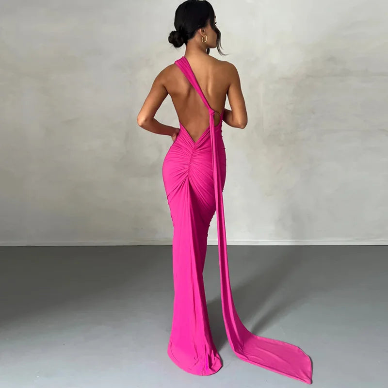Jefferson One Shoulder Sleeveless Backless Ruched Bodycon Maxi Dress