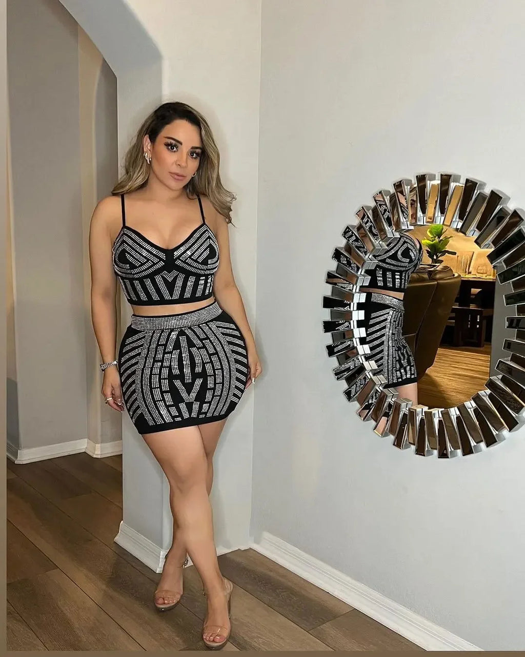 Quogue Black Rhinestone Crop Outfits Night Clubwear Matching Set