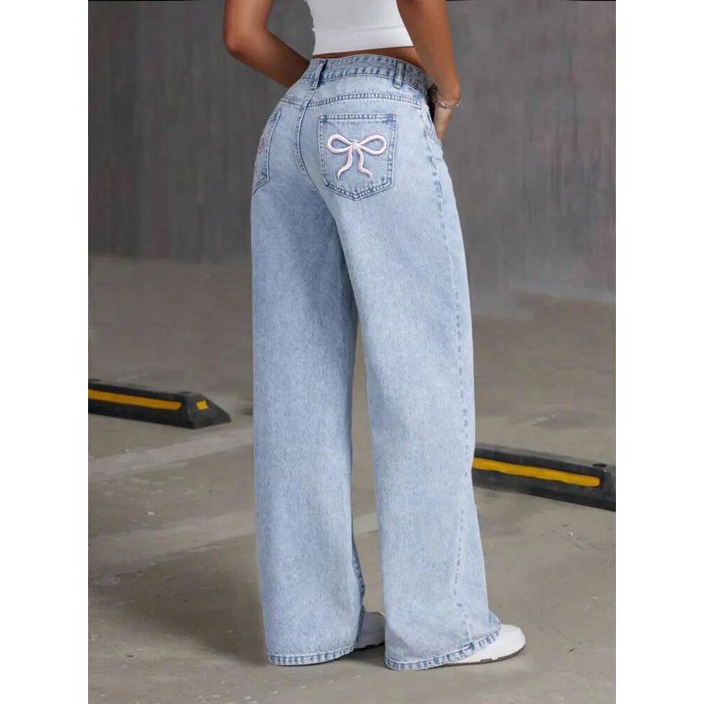 2026 Women Jeans Embroidery High Waist Distressed Washed Denim Wide