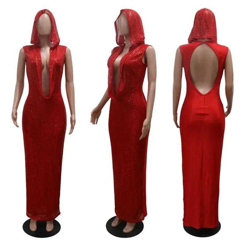 Virginia Deep V-neck Hooded Party Nightclub Prom Mesh Long Maxi Dresses