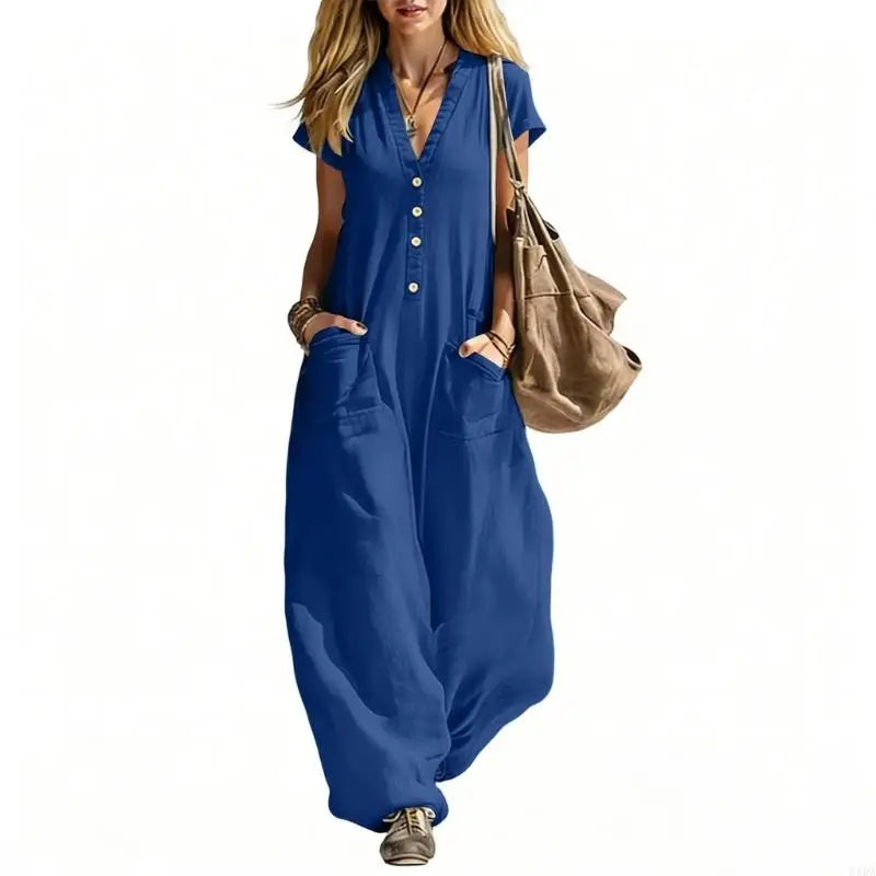 Jumpsuits for Women Linen Button Sleeve Jumpsuits Wide Leg V Neck Rompers Vacation Clothes with Pockets 6XDA