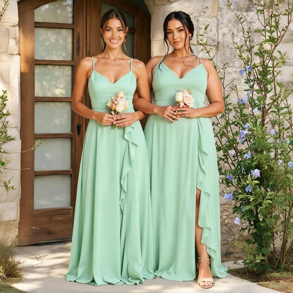 Alma Chiffon Bridesmaid Spaghetti Strap V Neck Cascading Ruffle High Side Slit A Line Dress