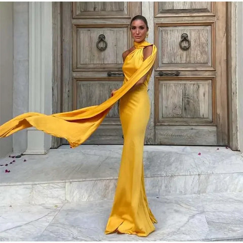 Meadville Elegant Ribbon Halter Solid Off Shoulder Sleeveless Backless Slim Maxi Dress
