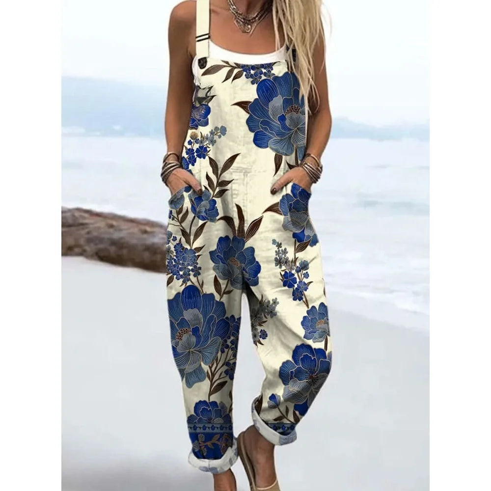 Summer Floral Romper Overalls Breathable & Comfortable Women's Jumpsuit with Pockets Adjustable Straps Romper for Streetwear