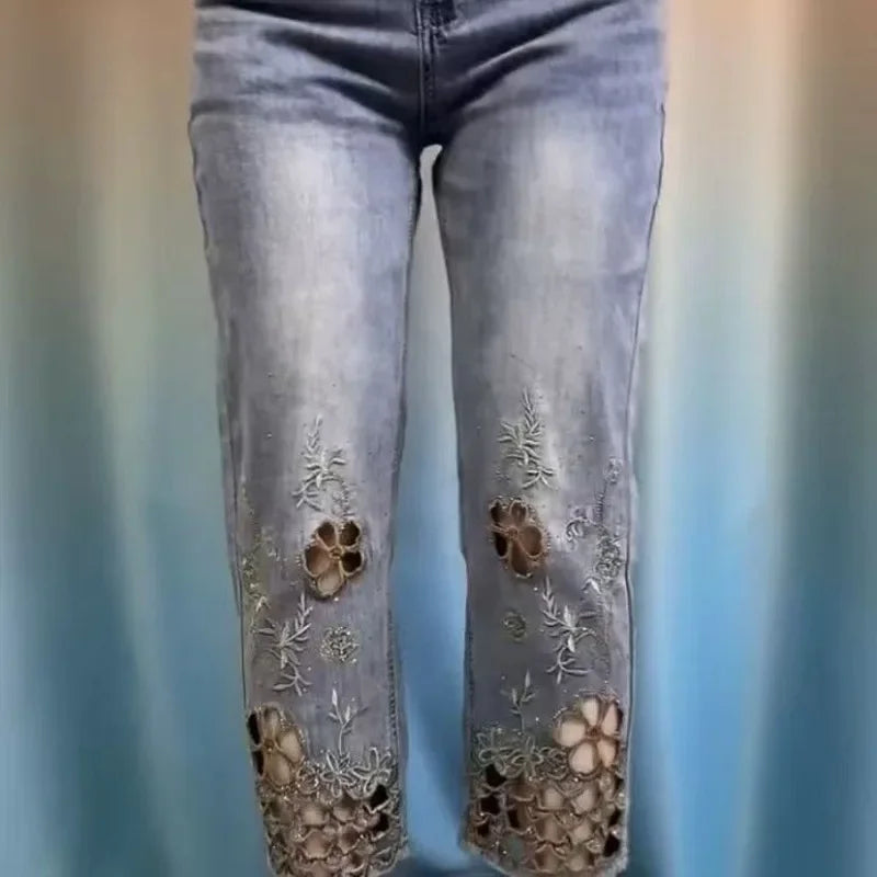 Wantage High End Hollowed Out Embroidered Denim Eight Cigarette Tube Pants