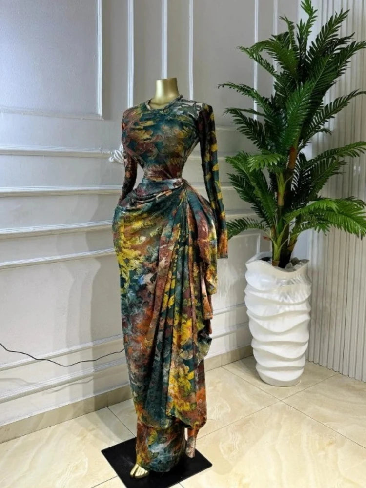 Print O-neck Ruched Ribbon Bodycon Long Dress