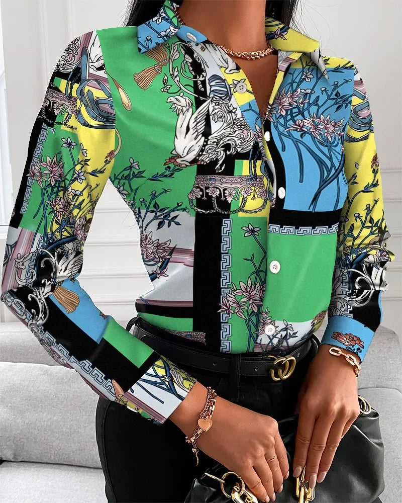 Tamaqua Wild Geometric Square Print Turn-Down Collar Long Sleeve Blouses