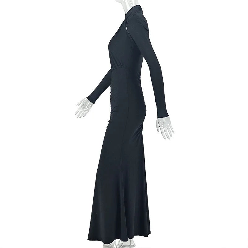 Bedford Turtleneck Hollow Out Chest Wrapped Long Sleeve Pleated Bodycon Long Dress