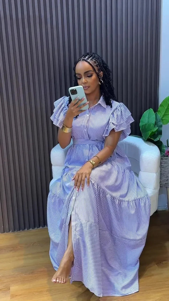 Rutherford Striped Butterfly Sleeve Loose High Waist Single Breasted Casual Long Dress