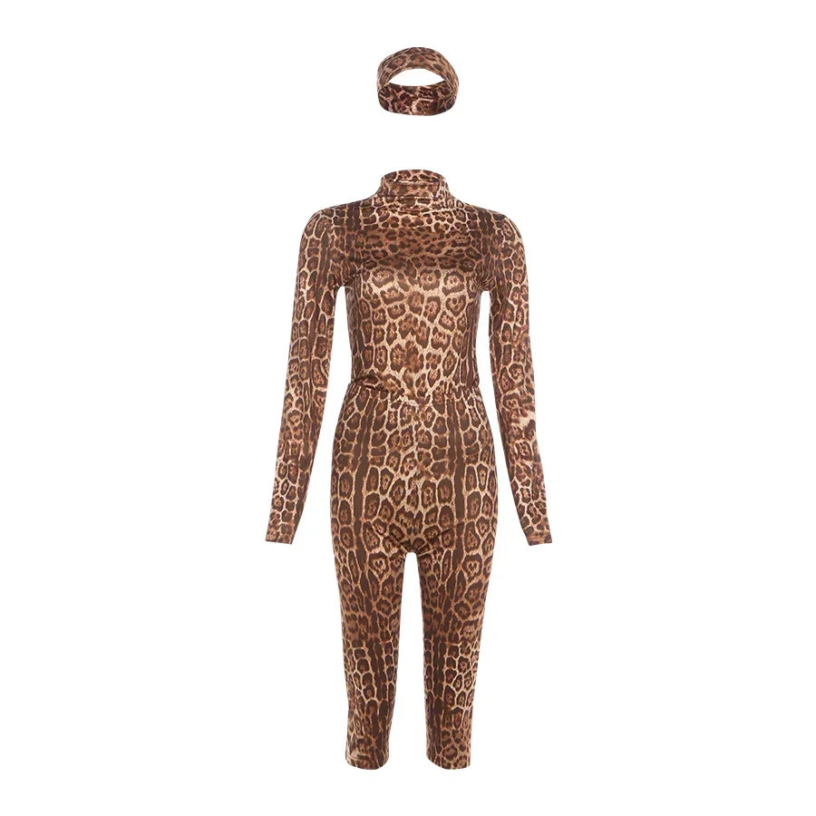 Stonington Leopard Print Headband Half Turtleneck Full Sleeve and Elastic Waist Set