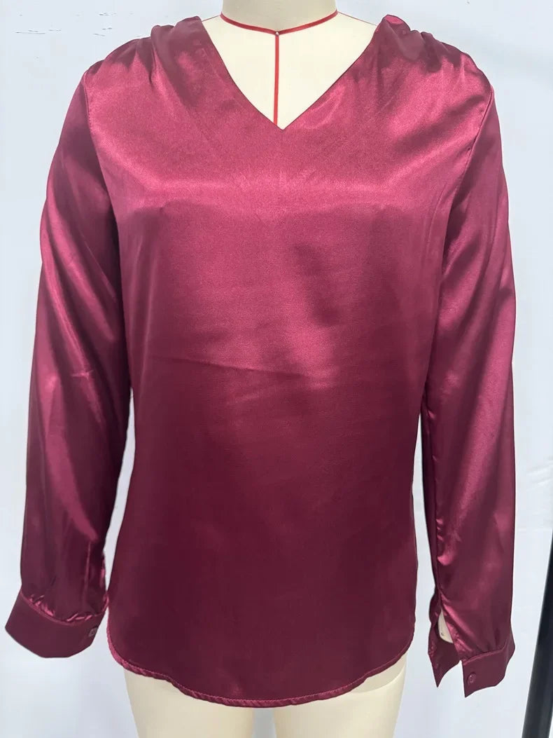 Elmer Solid Color V-Neck Long Sleeve Office Loose Elegant Blouse