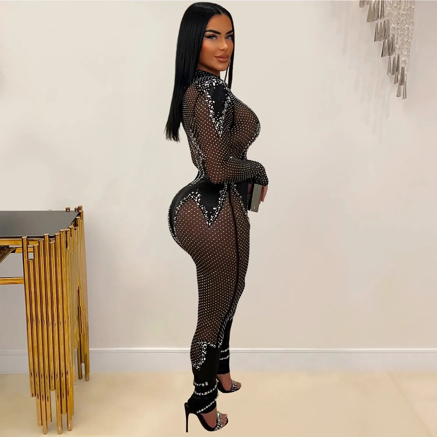 Upper West Sparkly Rhinestone Perform Costume Long Sleeve Sheer Mesh Jumpsuit