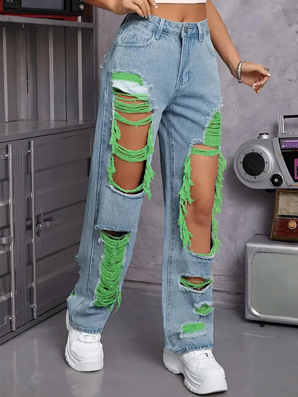 Harvey Cedar Light Washed Ripped High Waist Baggy Straight Leg  Denim