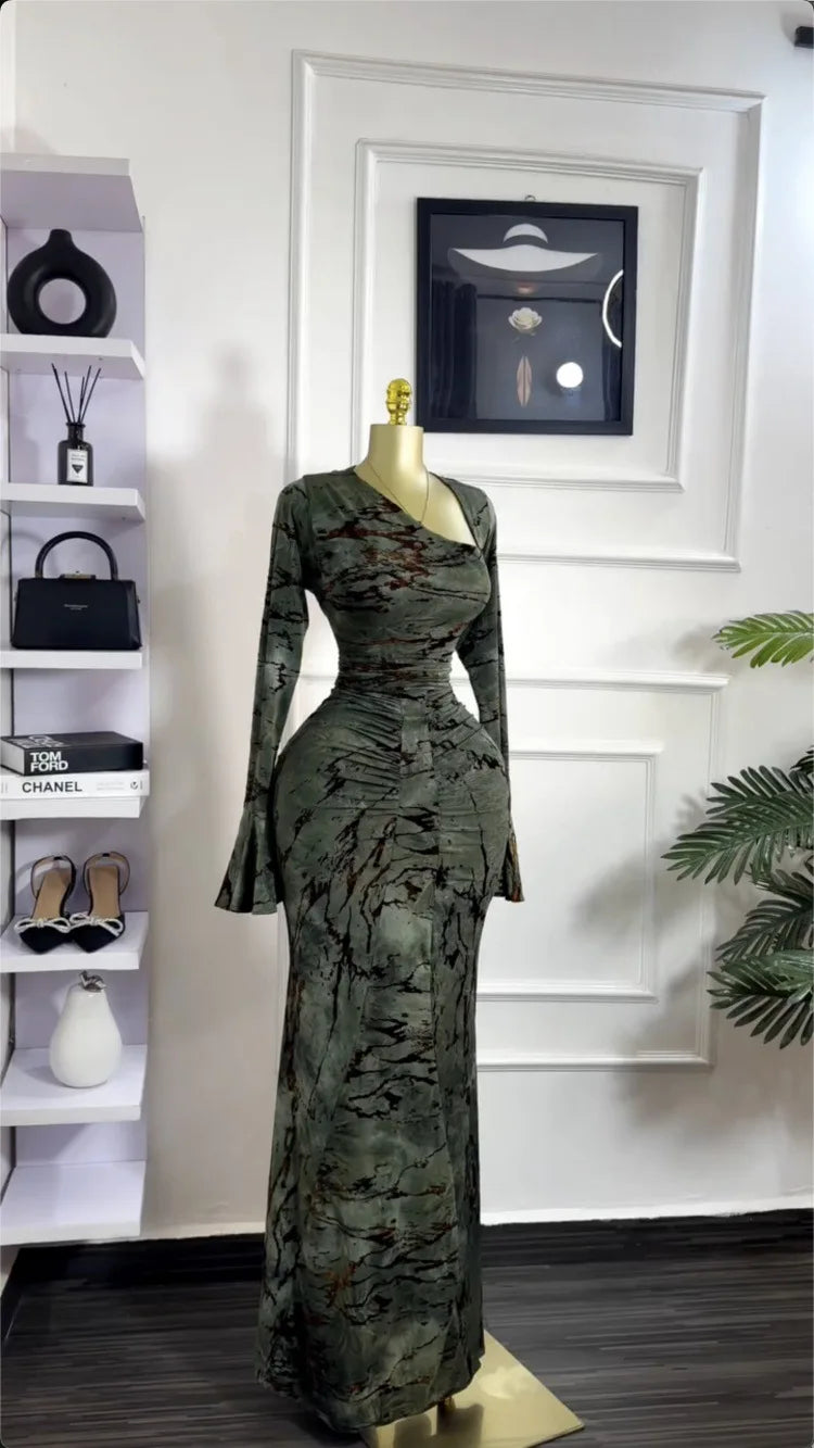 Vermella Printed Skew Neck Flare Long Sleeve Ruched Long Dress