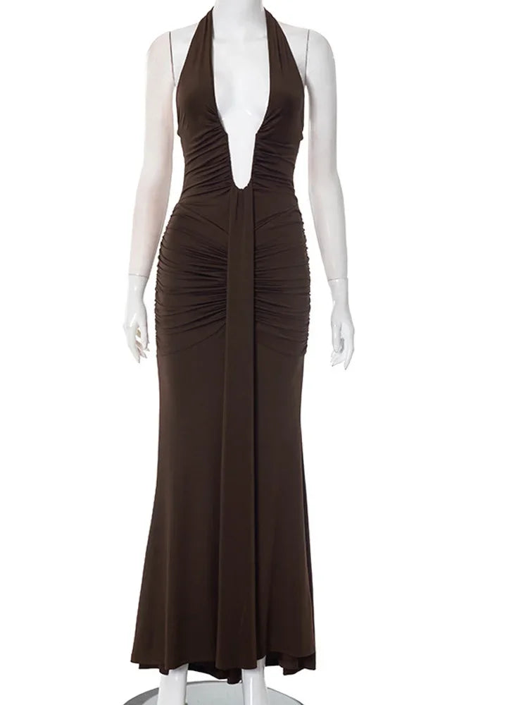 Coney Island Halter Plunging V Neck Ruched Long Straps Maxi Dress