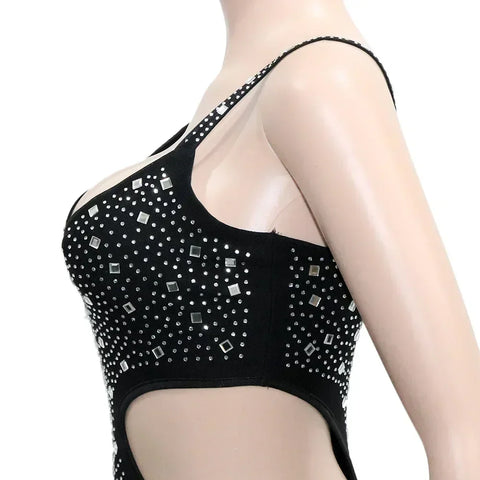 Gramercy Park Fashion Sexy Mesh Perspective Hot Drill Sleeveless Halter Jumpsuit