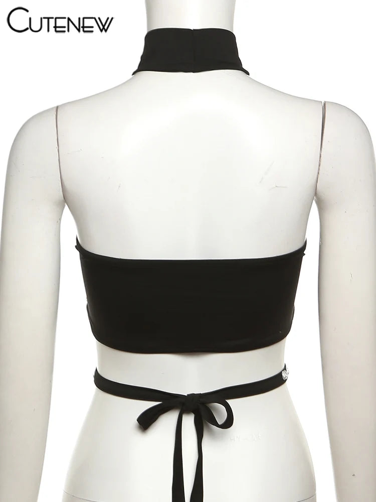 Gloversville Off-Shoulder Shiny Crop Casual Strapless Halter Streetwear Top