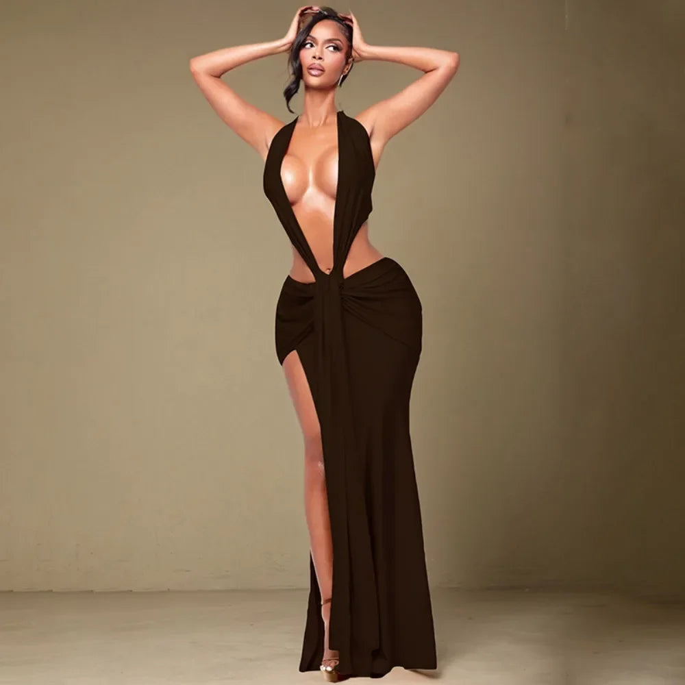 Ancram Hollow Backless Sexy Halter Deep V Neck Sleeveless Ruched Patchwork Dresses