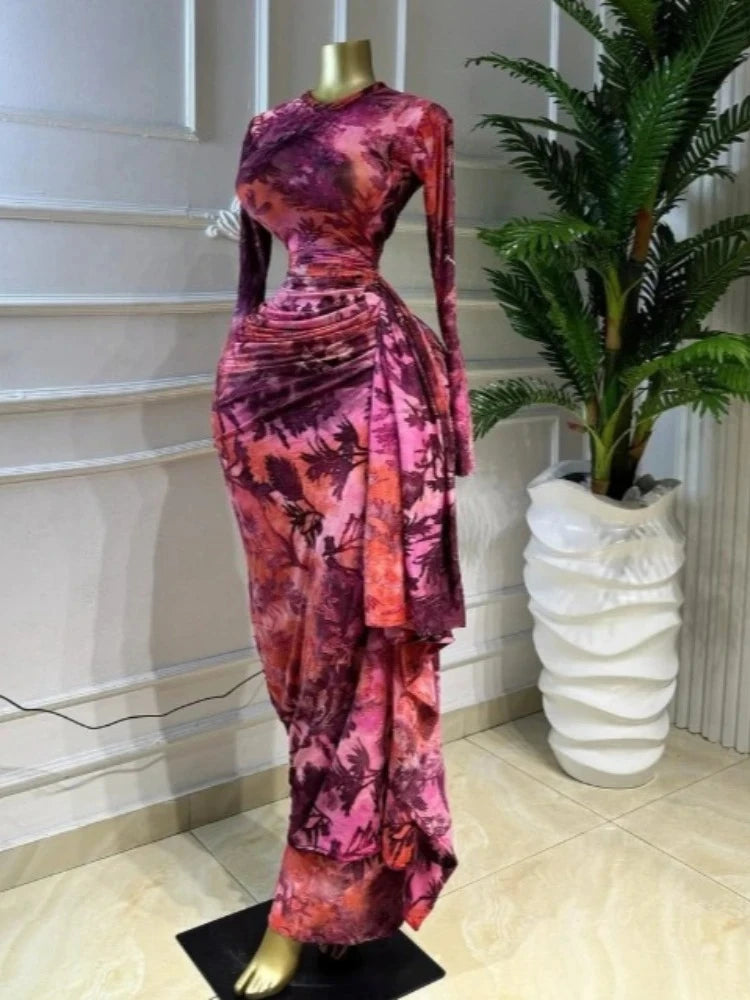 Print O-neck Ruched Ribbon Bodycon Long Dress