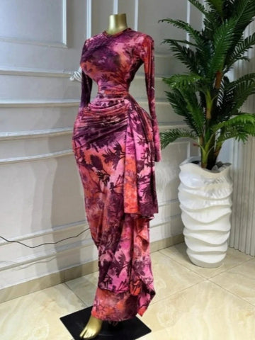Print O-neck Ruched Ribbon Bodycon Long Dress