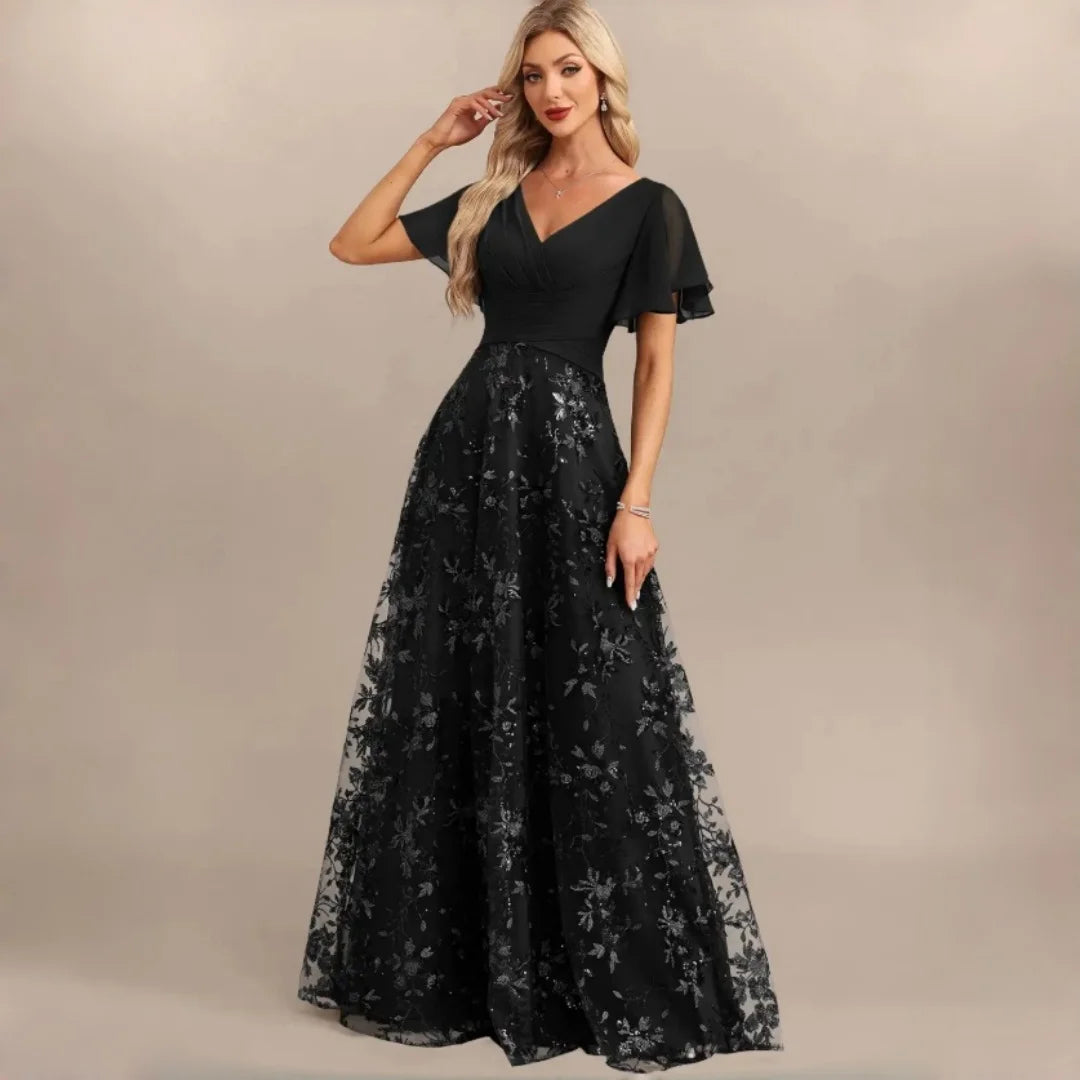 Neiba Dark Green V Neck Chiffon Flutter Sleeve Bridesmaid Ruched Waist Floral Sequin Dress