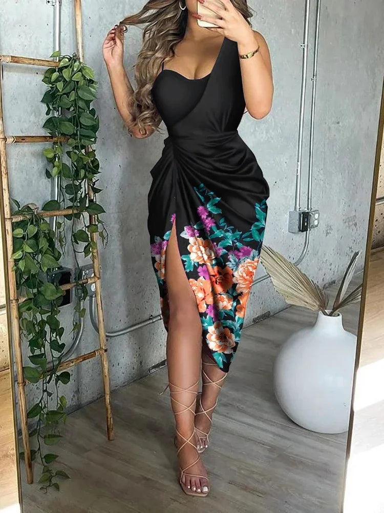 Farmingville One Shoulder Irregular Office Lady Smocked Slit Fashion Sequin Dress