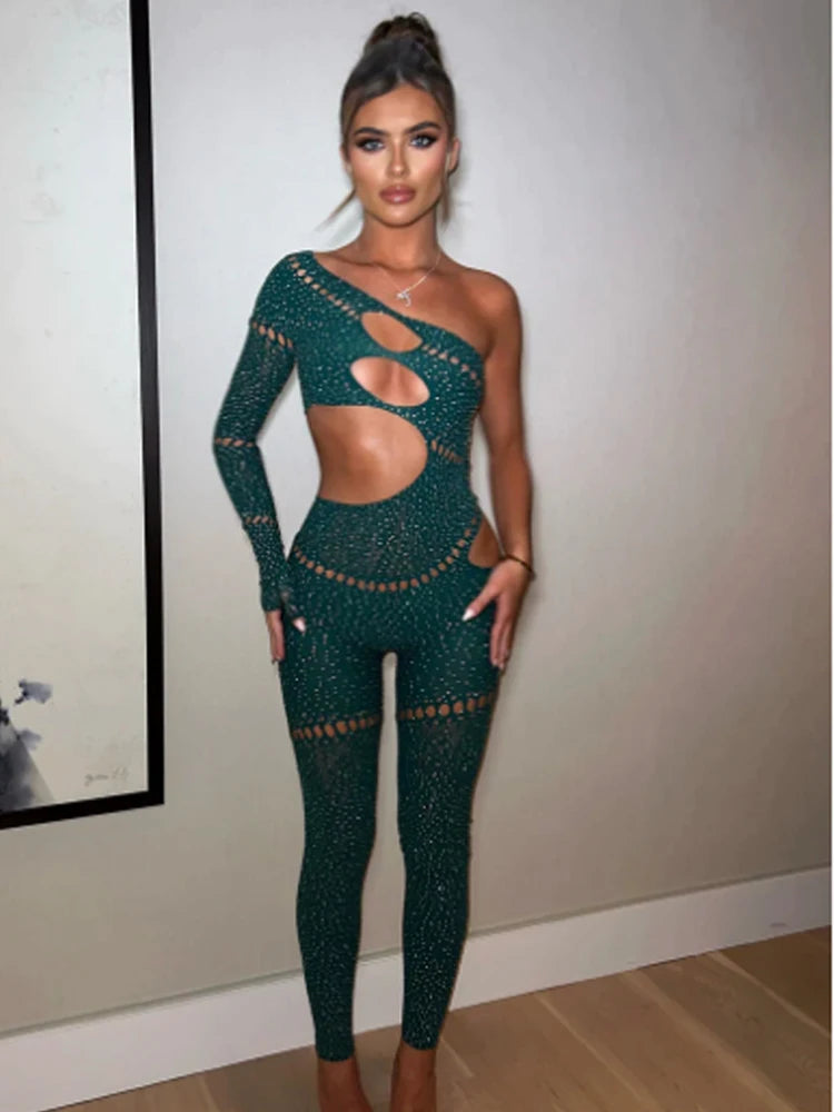 Darien Shine Rhinestones Irregular Hollow Skew Collar Single Sleeve Hottie Jumpsuit