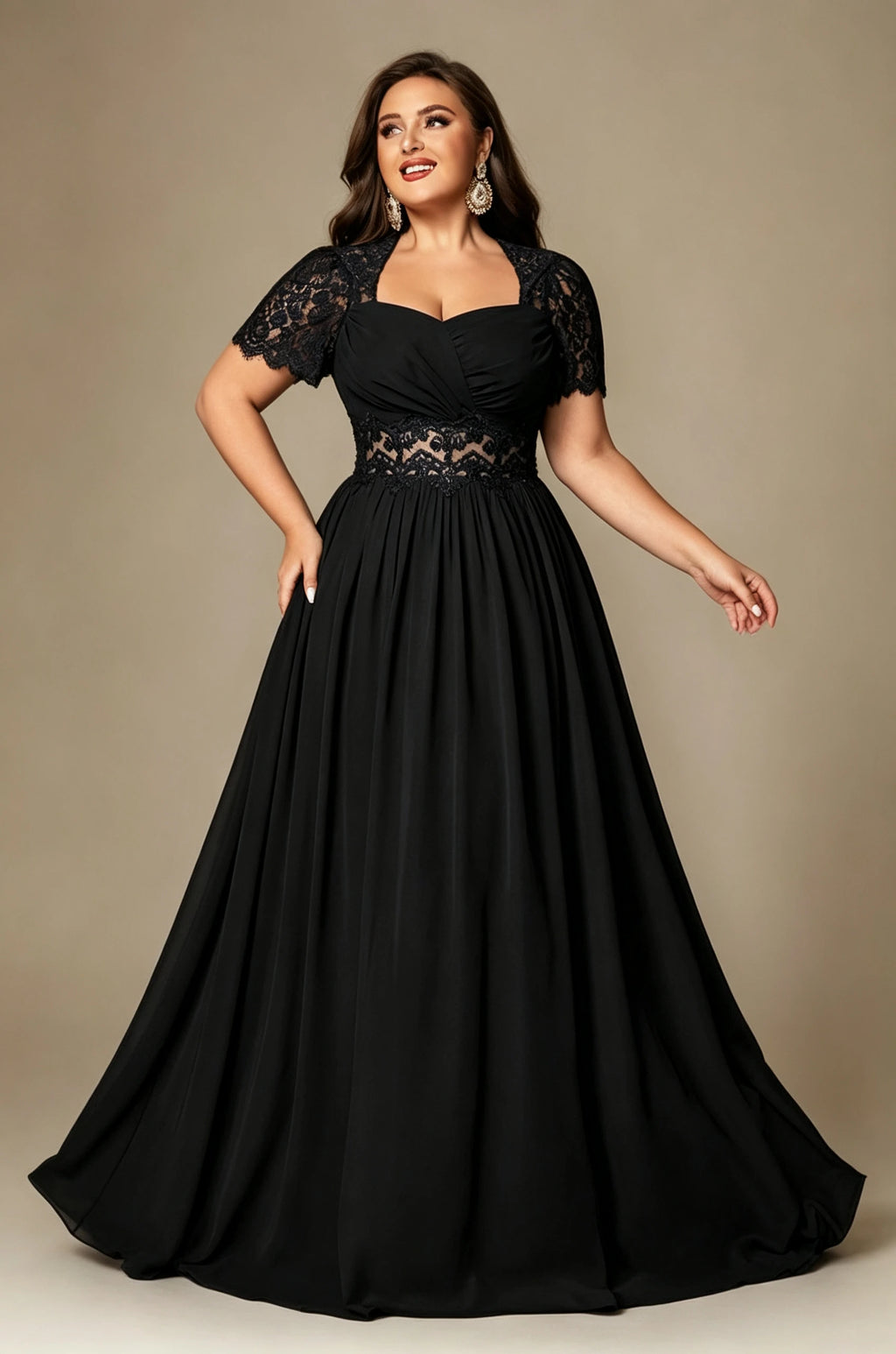 Paterson Plus Size A Line Lace Short Sleeved Formal Evening Gown Sheer High-Waisted Maxi Dress