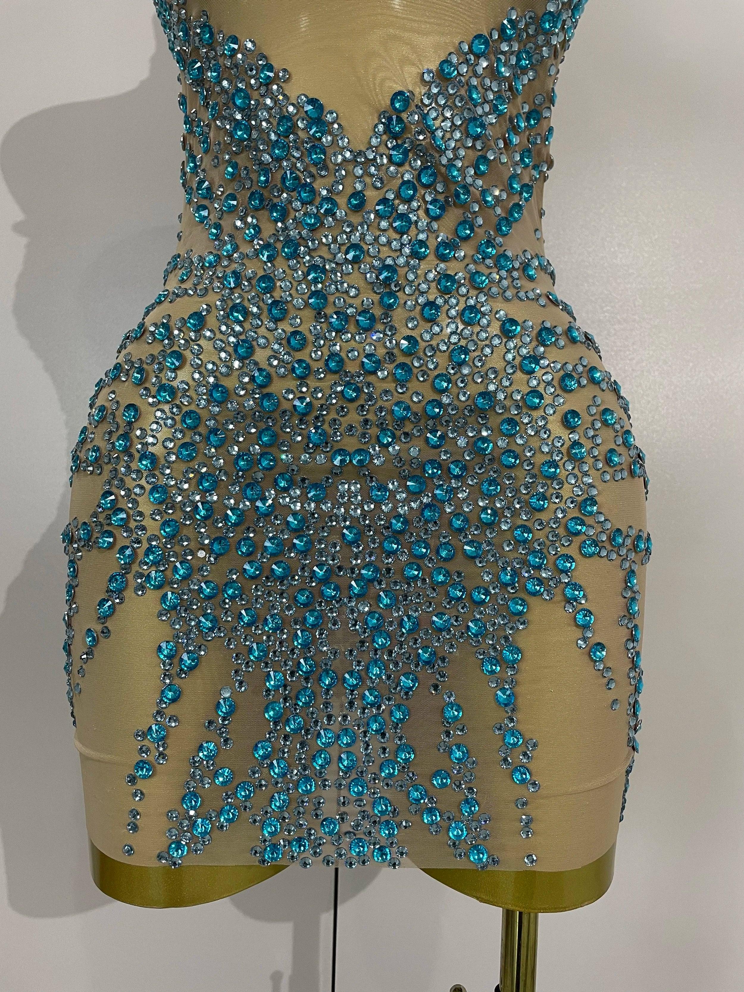 Elmira Rhinestones Sexy Mesh See Through Dress Party Evening Dress