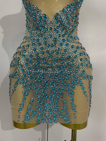 Elmira Rhinestones Sexy Mesh See Through Dress Party Evening Dress