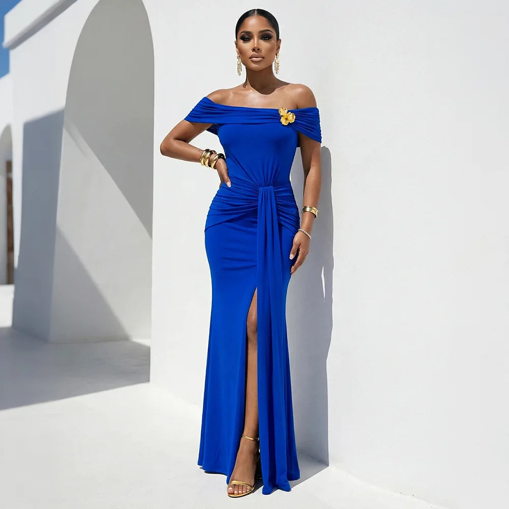 La Cuava Slash Neck Ribbon Elegant Sleeves Long Sexy Maxi Dress
