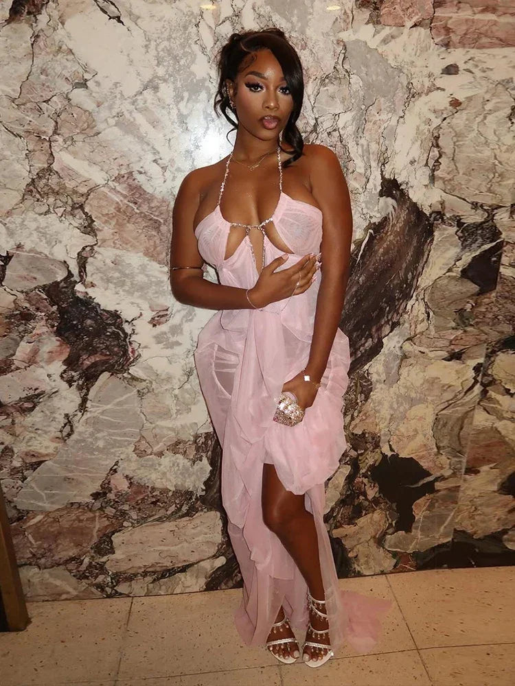 Pine Plains Sexy See Through Luxury Chain Halter Low Neck Backless Dress