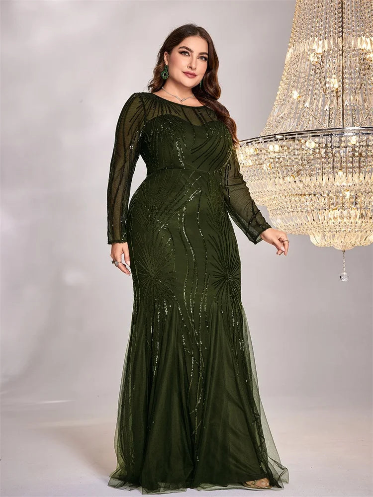 Nigeria Plus Size Elegant Green Long Sleeves Sequin Tulle Evening O Neck Mermaid Dress