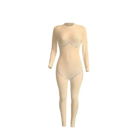 Union Square Fashion Sexy Mesh Perspective Hot Drill Long Sleeve Jumpsuit