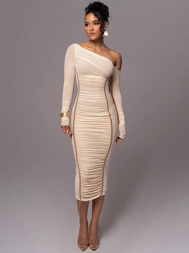 Dyker Heights Diagonal Collar Long Sleeve Mesh Backless Ruched Bodycon Midi Dress