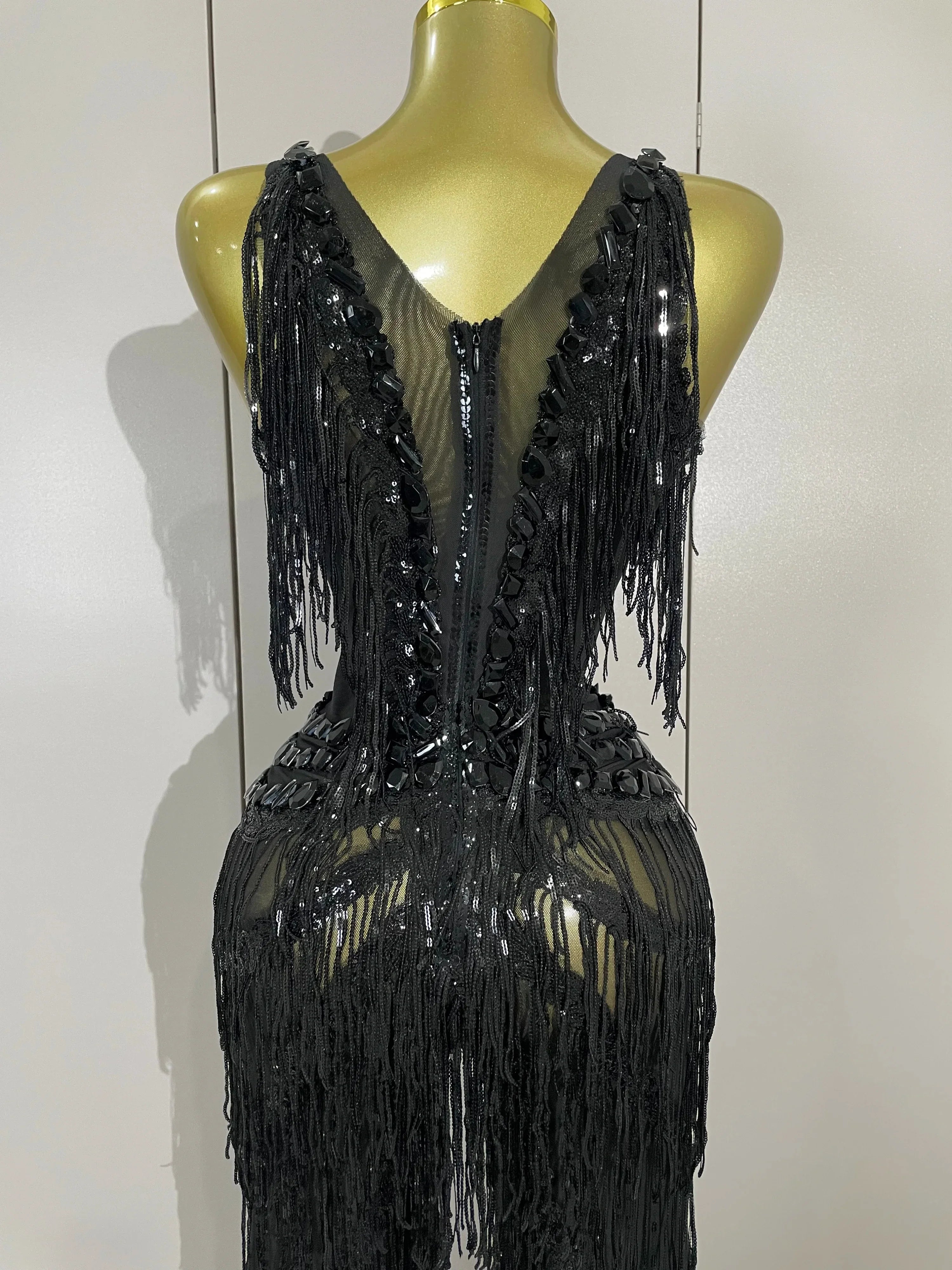 Watkin Glen Sparkly Black Rhinestones Sequined Fringe jumpsuit