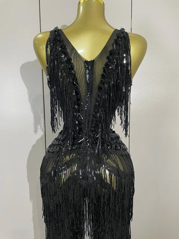 Watkin Glen Sparkly Black Rhinestones Sequined Fringe jumpsuit