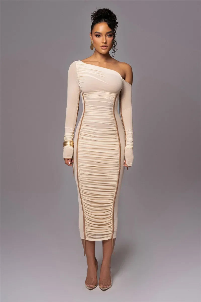 Dyker Heights Diagonal Collar Long Sleeve Mesh Backless Ruched Bodycon Midi Dress