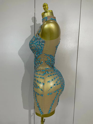 Elmira Rhinestones Sexy Mesh See Through Dress Party Evening Dress