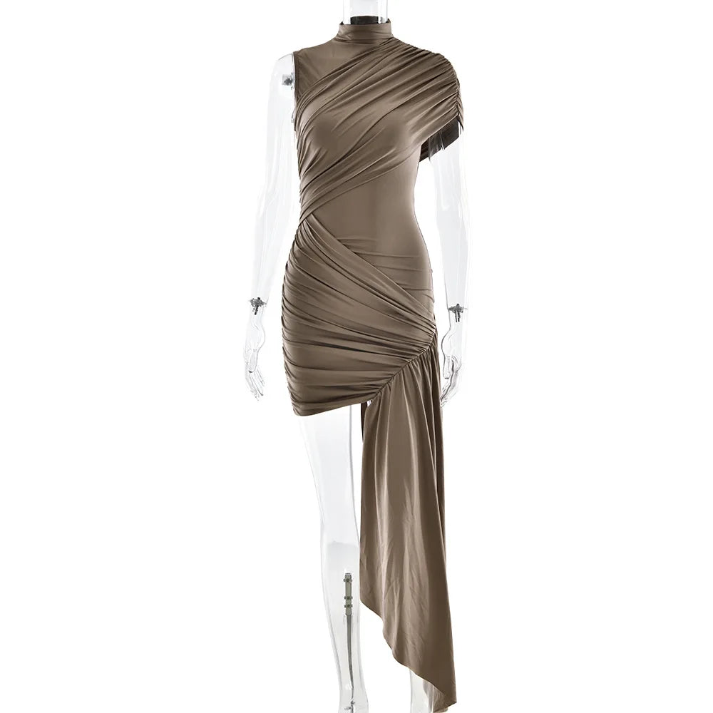 Aspen Knolls Ruched Sexy Solid Color Elegant Turtleneck Sleeveless Asymmetric Dress