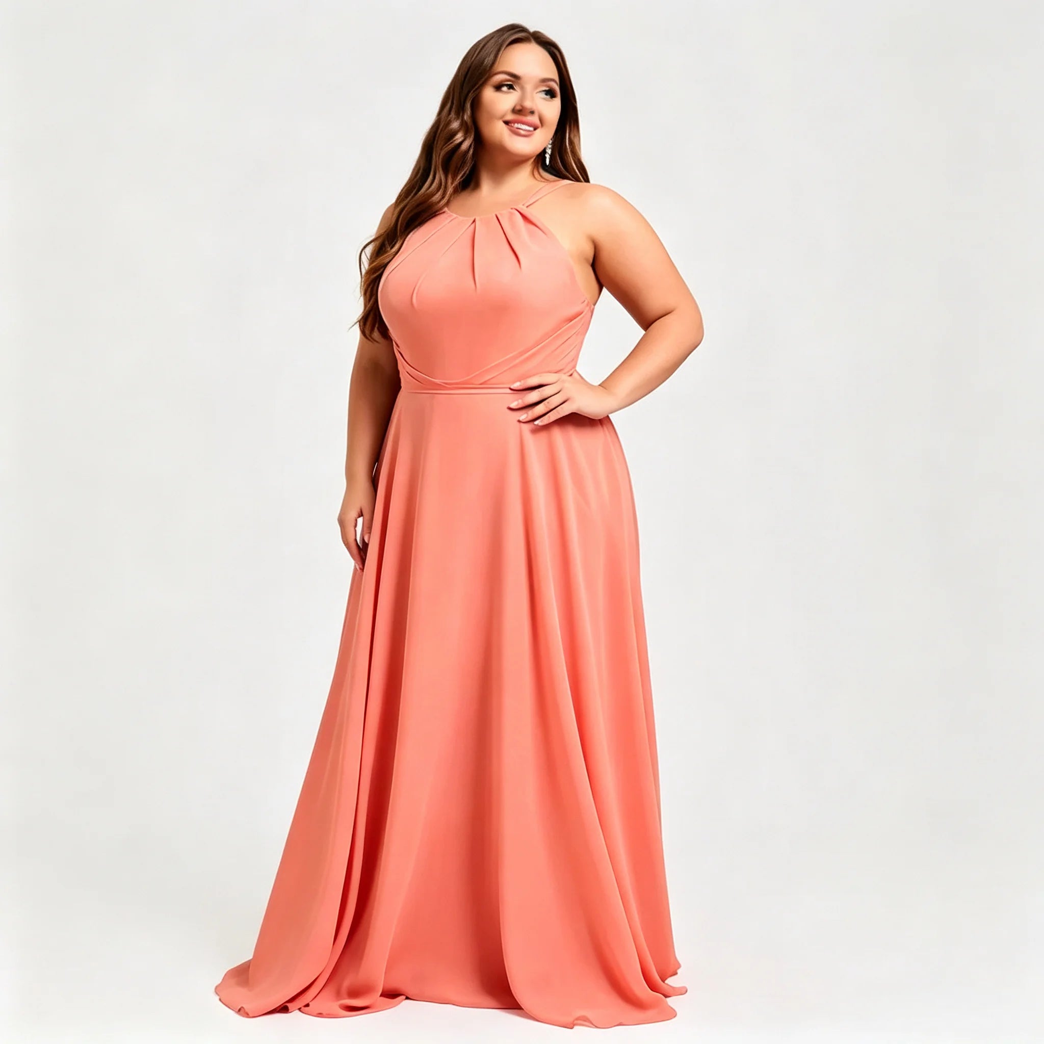 Los Mina Plus Size Halter Chiffon Bridesmaid Spaghetti Straps A Line Maxi Dress
