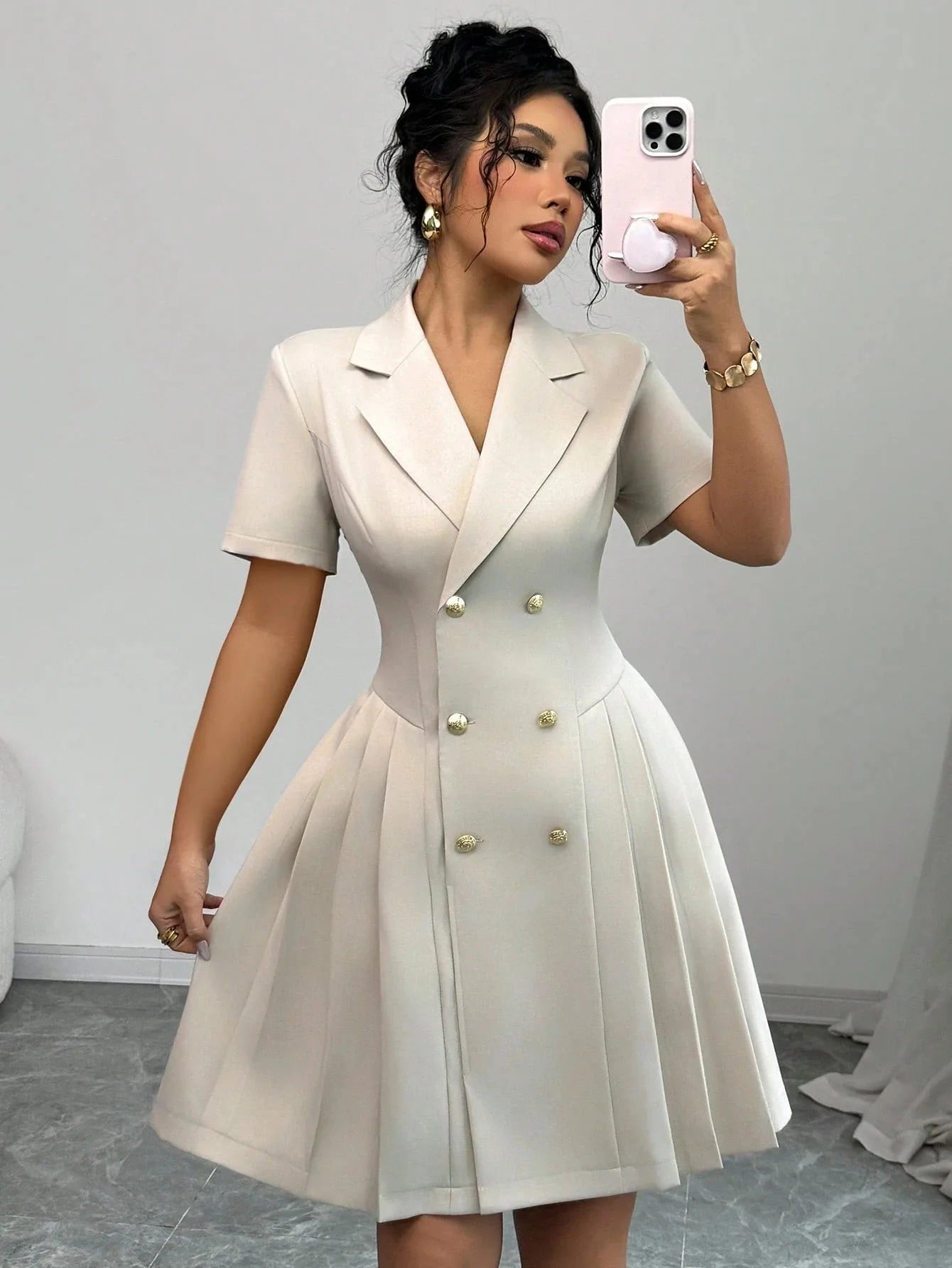 All Ways Solid Color Notched Lapel Double Breasted Short Sleeve Slim Midi Dress